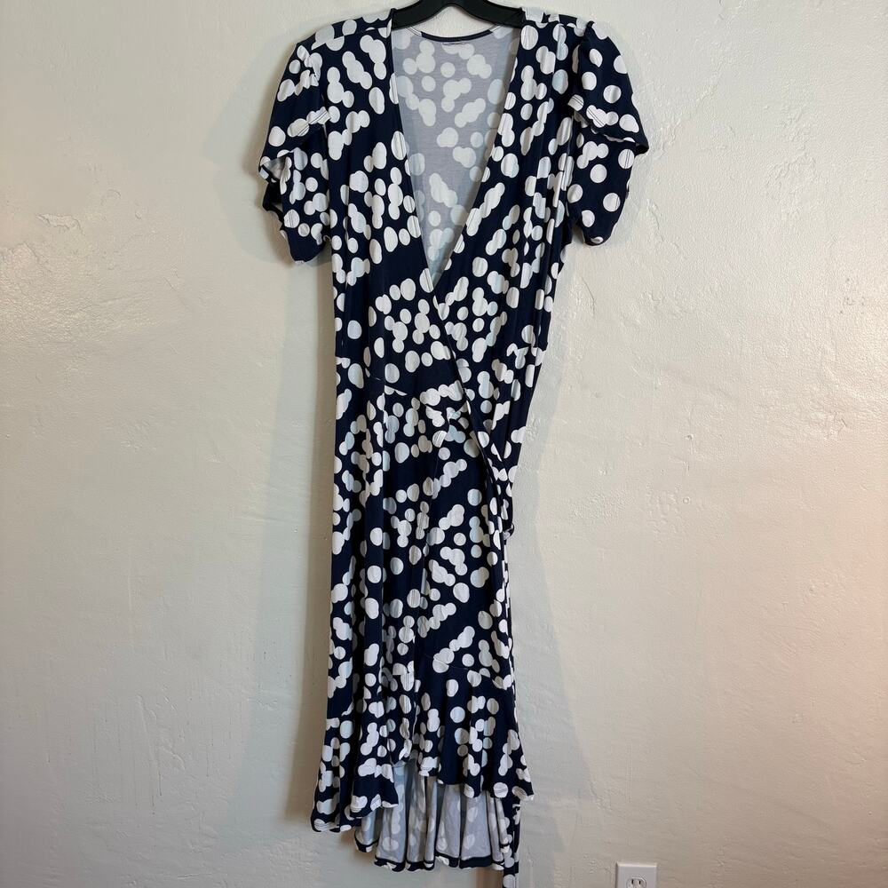 CAbi Casual Midi Dress Wrap Tie‎ Neck Short Sleeve Blue Polka Dot